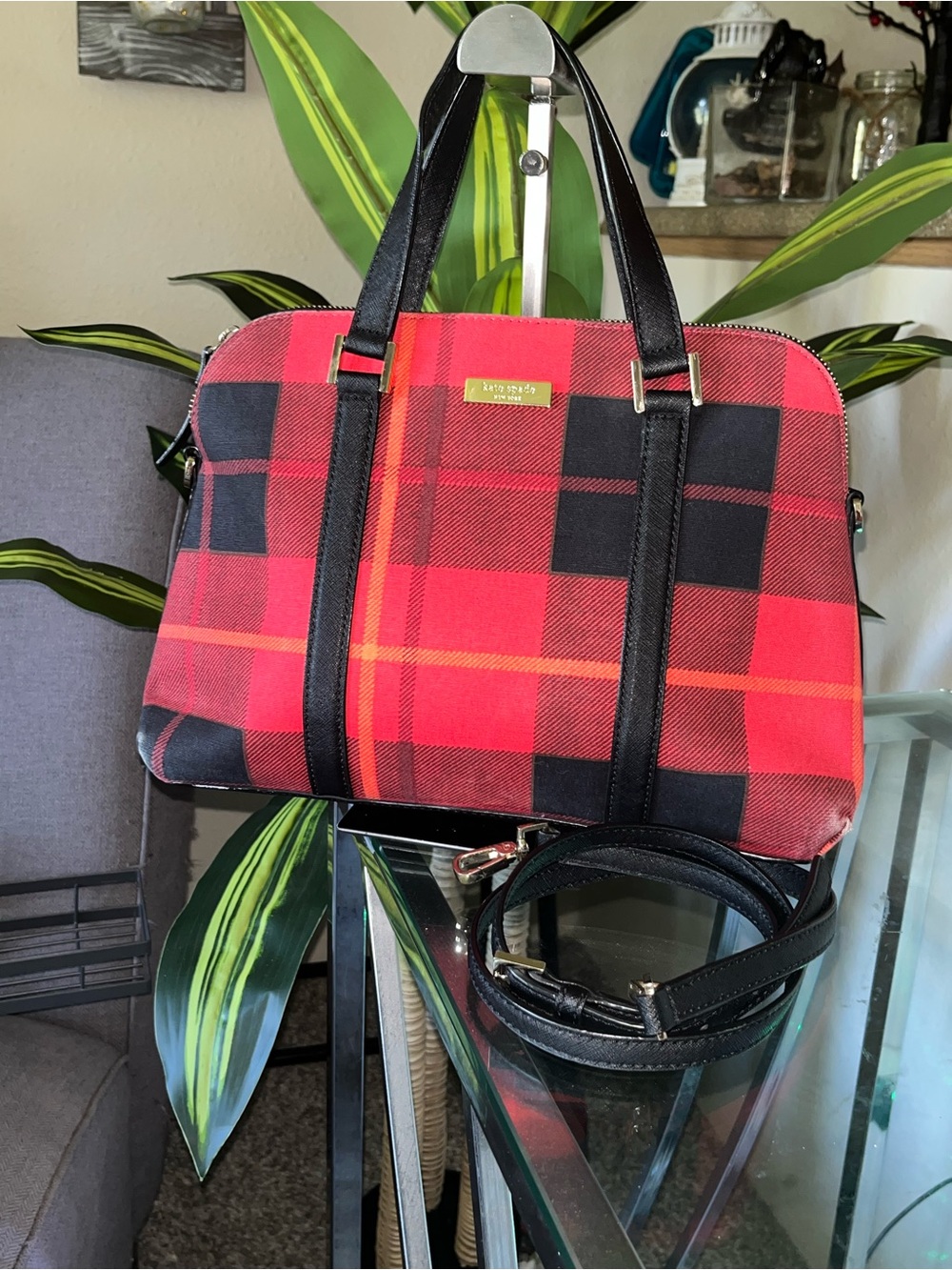 kate spade Red and Black Plaid Satchel with Black Straps - Picture 4 of 14